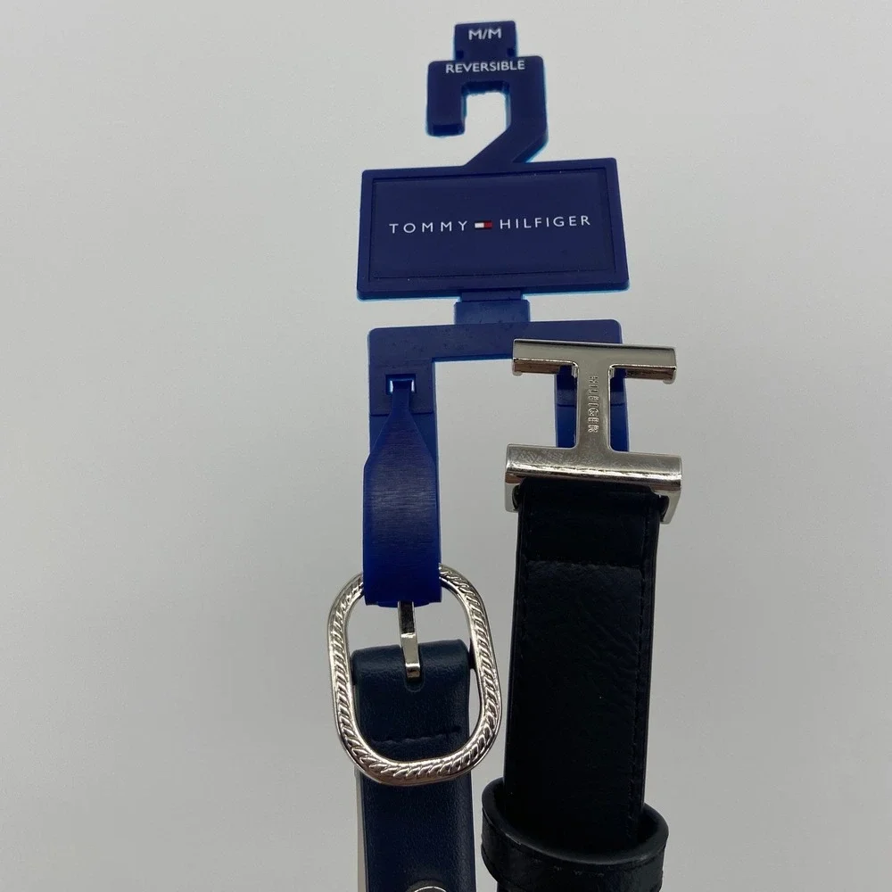Tommy Hilfiger Womens Reversible Belt Set Navy Black Silver H Buckle MD New